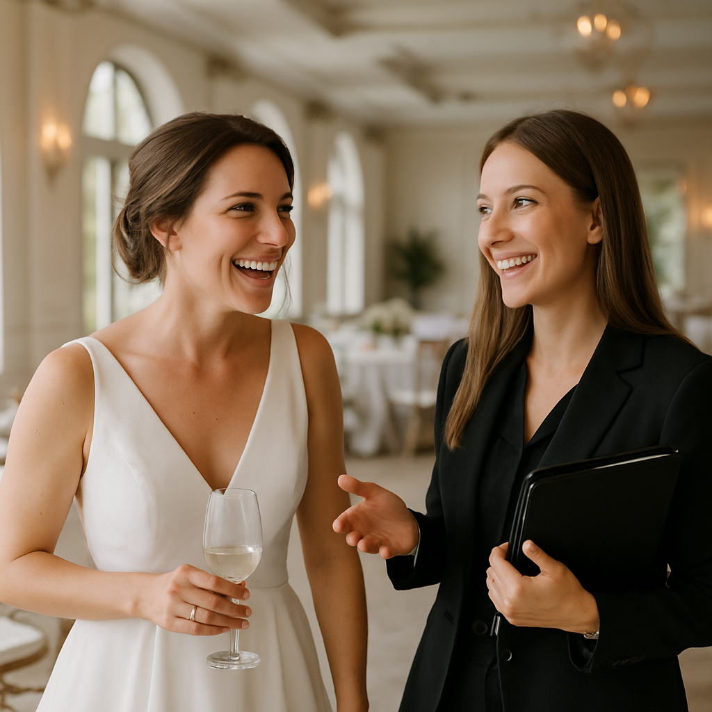 client satisfait échangeant avec une wedding planner après un événement réussi